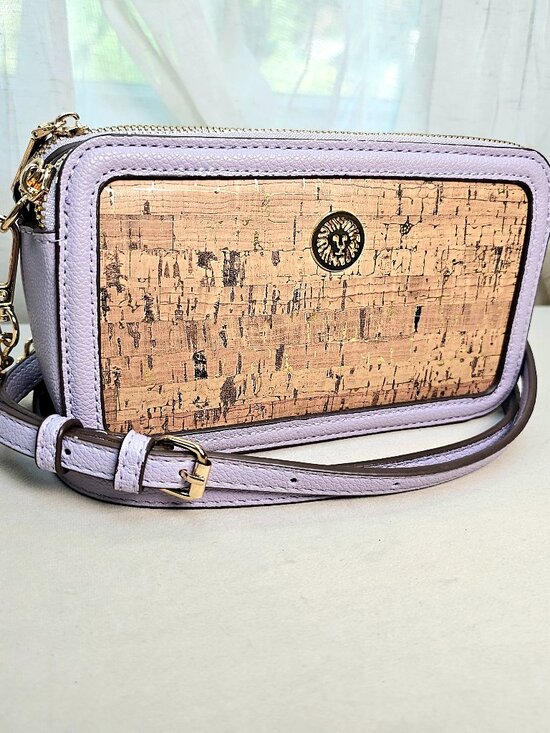 Anne Klein Handbags - Anne Klein Lavender Cork Double Zip Camera Crossbody Bag Gold Chain Strap